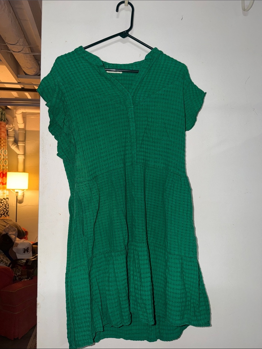 Textured Emerald Green Mini Dress with Short Ruffle Sleeves